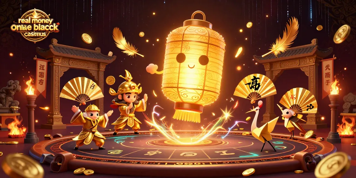 Engage with real money online blackjack casinous in a vibrant 3D casino scene filled with lucky symbols.